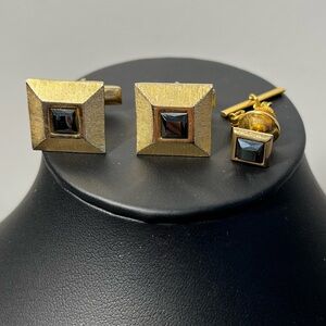 Vintage Gold and Black Square Cufflinks Set and Tie pin